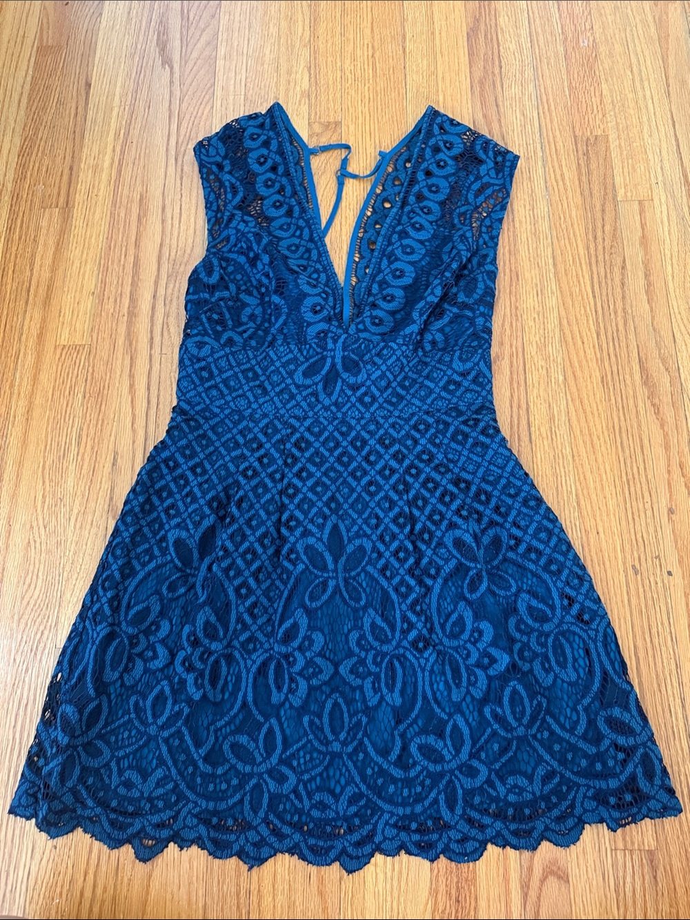 Free People Navy Blue Lace V-Neck Mini Dress